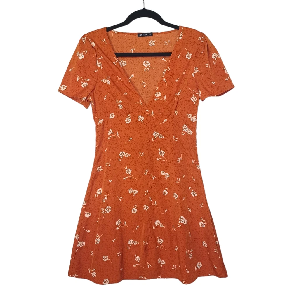 COTTON ON Burnt Orange White Floral Black Polka Dot Print Mini A-Line Dress XS - Picture 4 of 9